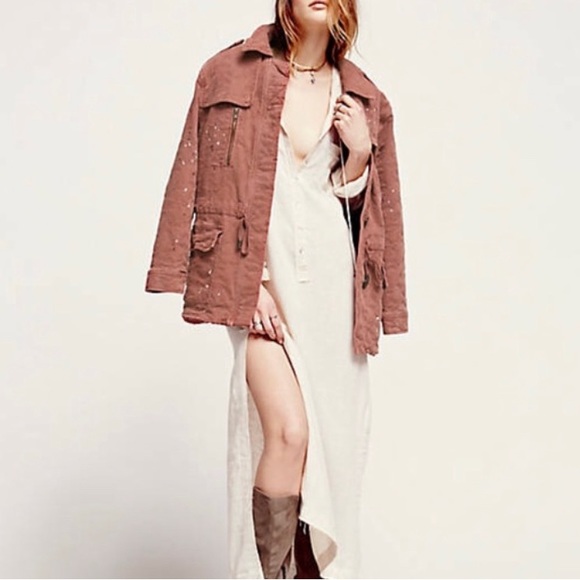 Free People Paint Splatter Jacquard Utility Jacket Rust Distressed M $186 - Picture 3 of 15